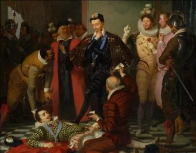 Le commanditaire de ce meurtre a prononcé un commentaire concernant le physique du mort. Peu après son meurtre, on trouva sur son corps un document précisant que « Pour entretenir la guerre en France, il faut sept cent mille écus, tous les mois » qu'il devait adresser à un roi étranger.

Qui est l'assassin (réponse 1 ou 2) ?
Qui est la victime (réponse 3 ou 4) ?