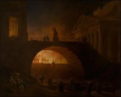 "L'Incendie de Rome", réalisé vers 1875 est l'oeuvre d'un peintre français du 18e siècle, célèbre pour ses représentations imaginaires de paysages en ruines. Qui est-il ?