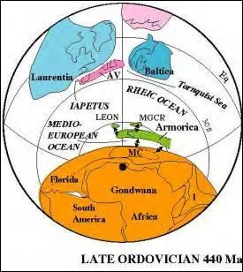 Il y a 450 millions d'années existait la plaque tectonique "Armorica". Elle était constituée de la partie centrale de l'actuel Massif armoricain, mais aussi :