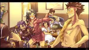 Les Arcobalenos se joignent à la fête ! Ils sont pas mal bourrés, si bien qu'il y en a un qui se retrouve avec une cravate enroulée autour de la tête ! Qui est-il ?