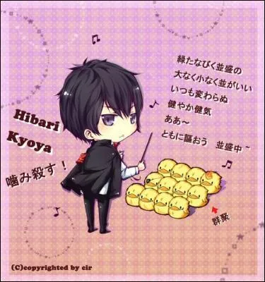 Hibari, de son côté et sous les ordres de Tsuna, organise un chant avec...