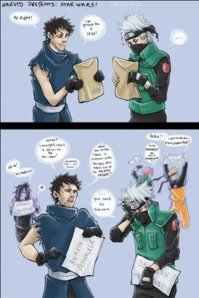 Après avoir posté ces déguisements sur internet, Naruto décide de postuler au concours de tirage au sort de 'Star Wars' qui va désigner les acteurs. Ils sont donc choisis complètement au hasard. Naruto, extrêmement chanceux, est sélectionné et va jouer aux côtés de Kakashi et Obito, déjà mondialement connus. Bref, quel rôle a obtenu Naruto ?