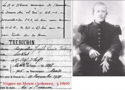 Augustin Trébuchon était un soldat français de 1re classe, estafette de son régiment d'infanterie, il meurt d'une balle dans la tête. Quelles sont les deux particularités concernant son décès ?