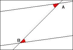 Une droite coupe deux droites parallèles en A et B. Les angles de sommets respectifs A et B (marqués en rouge) sont ...