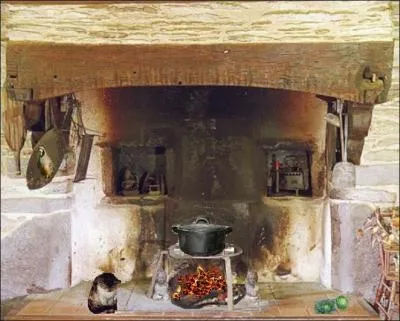 Qui se cache ? Où ? Avec quoi ce gibier sera-t-il préparé ? Quel est l'ustensile sur lequel repose la marmite en --------.