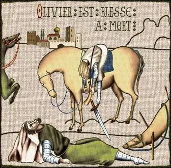 Olivier, ami de Roland, fut lui aussi mortellement blessé dans cette bataille. Avant de mourir il fendit le crâne de son ennemi d'un seul coup de son épée ... .