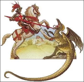 George arriva un jour dans une cité terrorisée par un dragon qui exigeait quotidiennement un tribu de deux jeunes gens. Avec son épée (certains disent sa lance) ... il tua le dragon après un combat acharné.