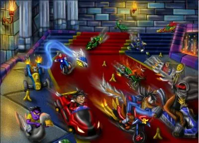 De quelle couleur est le personnage qui est sur la moto canard ?