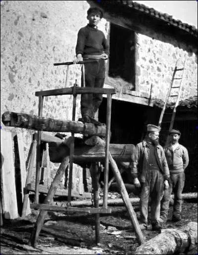 Les deux hommes de droite sont des scieurs, dits « renardiers » ou « tireurs » : comment nommait-on le jeune homme juché sur le tronc ?