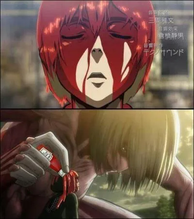 Comment se fait-il qu'Armin est plein de sang sur lui ? (répondez avec ce que vous voyez sur l'image)