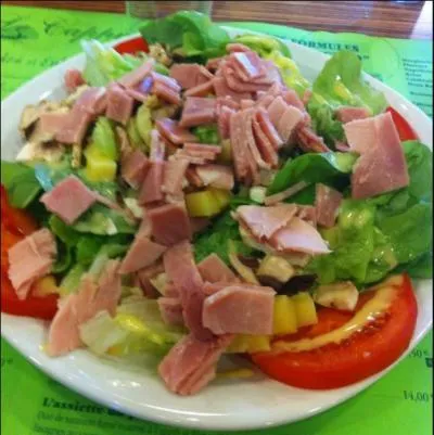 Quelle est cette salade dans laquelle sont mélangés jambon de Paris, emmental entre autres choses ?