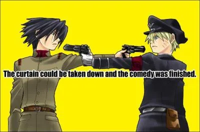 "Tout de suite, un reportage sur la guerre en Allemagne qui fait rage. Nous voyons un commandant américain pointer son arme sur le chef allemand..."