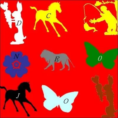 La combinaison : cheval noir, papillon blanc, cheval jaune, papillon vert, fleur bleue, lapin blanc et lion gris. Quelle est la bonne réponse ?