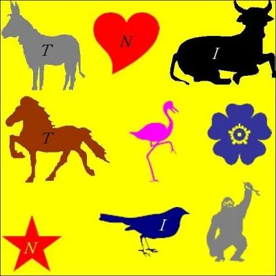 La combinaison : âne gris, vache noire, étoile rouge, cheval marron, oiseau bleu et cur rouge. Quelle est la bonne réponse ?