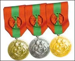 Cette médaille peut s'attribuer à l'un des deux parents, mère ou père depuis 1983.
De quelles couleurs sont les bandes qui portent les médailles ?
