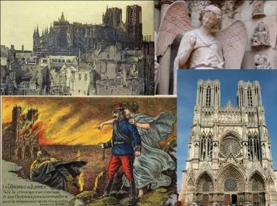 De nombreuses villes furent détruites, bombardées, canonnées. Parmi elles, cette ville a été bombardée et a subi l'attaque de son monument le plus prestigieux, un des plus marquants de l'histoire de France. Quel est ce monument ?