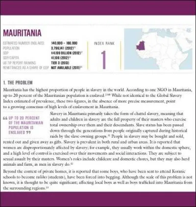 La Mauritanie (1er rang du classement), par ses divisions ethniques et sociales, est un cas très spécifique : la part de la population en état d'esclavage est de...