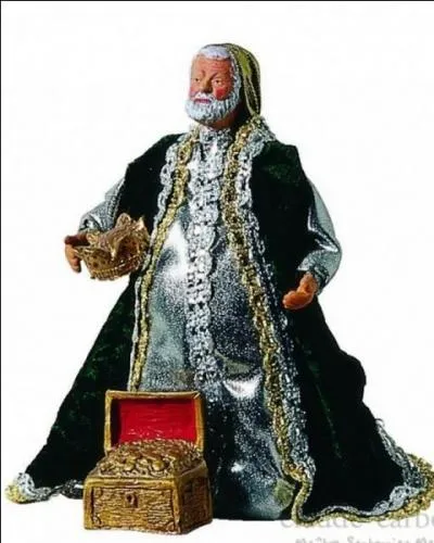 Représentant le roi mage à la barbe blanche, agenouillé et vêtu d'une cape verte et étincelante. Il vient offrir une superbe cassette débordant d'or. Quel est le nom de ce santon ?