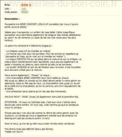 L'annonce pleine d'humour pour une poussette est reproduite ici in extenso, car elle peut nous apprendre quelque chose : qu'est-ce qu'une &laquo; chanceli&egrave;re &raquo; ?