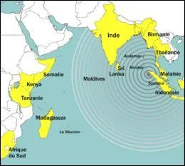 ... de l'épicentre, près de l'île de Sumatra, d'énormes vagues se sont propagées dans tout l'océan Indien lors du séisme de 2004.