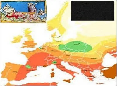La carte montre l'évolution de l'épidémie entre 1346 et 1353 depuis la première diffusion jusqu'aux terribles ravages qu'elle fit. Tenez compte au moins d'une illustration pour en trouver le nom.