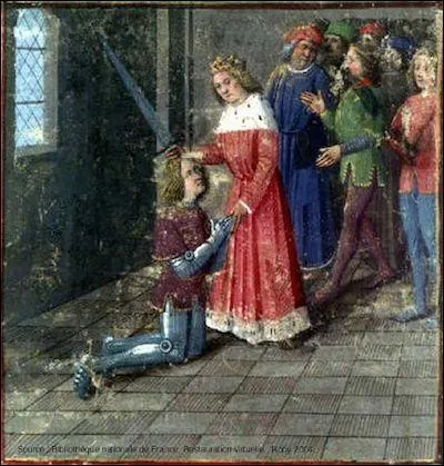 L'adoubement de Perceval : Perceval s'agenouille ... du seigneur Gornemant de Goort qui va lui remettre son épée, des éperons dorés, son bouclier et ses armoiries.