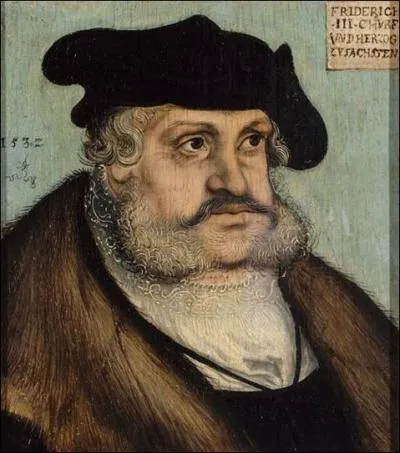 Qui a peint "Portrait de Frédéric III le Sage (1486-1522)" ? Ce peintre signa d'abord ses oeuvres d'un dragon aux ailes déployées, puis repliées à la fin de sa vie.