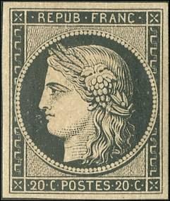 1er janvier 1849 : mise à disposition du public français de deux timbres-poste non dentelés, un noir de 20 centimes et un rouge de 1 franc. Le dessin représente la déesse romaine de l'agriculture et des moissons, c'est-à-dire...