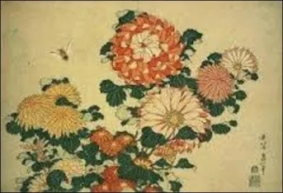 Estampe japonaise présentant des fleurs et un insecte.