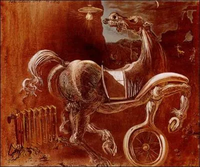 Qui a peint "Débris d'une automobile donnant naissance à un cheval aveugle mordant un téléphone" ?