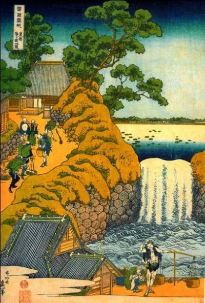 Quel peintre japonais auteur des "Trente-six vues du mont Fuji" est l'auteur de la toile "La cascade de Aoigaoka à Edo" ?