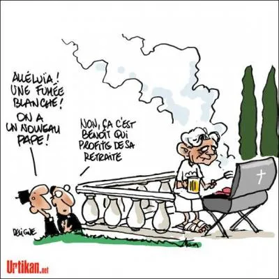 DSK et le pape meurent le même jour, suite à une erreur d'aiguillage, le pape débarque en enfer et DSK au paradis, Satan accueille le pape et se rend compte de la méprise, Mon père dit-il, je suis désolé mais vous n'irez au paradis que demain. le lendemain la pape monte au paradis et DSK descend en enfer, ils se croisent et discutent : Ah dit le pape, j'ai hâte de rencontrer la Vierge...