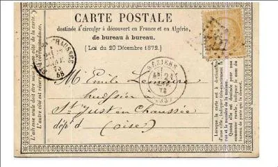 1873-1875. La carte postale administrative a été officialisée par la France et l'Algérie, de couleur jaune, affranchie à 10 et 15 centimes. Qui va prendre le monopole de cette commercialisation ?