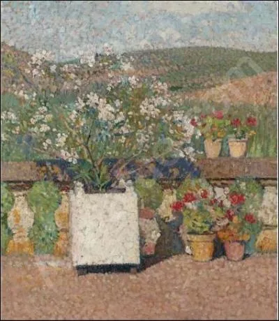 Qui a peint  Bac de lauriers-roses et pots de graniums sur la terrasse de Marquayrol en t  ?