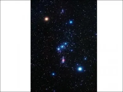 Voici pour terminer une superbe constellation, ... , visible en hiver dans l'hémisphère Nord. L'étoile en haut à gauche est Bételgeuse, une supergéante rouge environ 700 fois plus grande que le soleil.