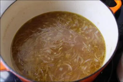 Quelle est cette soupe faite avec des oignons revenus dans du beurre, un peu de farine, du vin blanc et de l'eau qu'on laisse simplement mijoter dans une marmite et à laquelle du rapé sera rajouté par chacun des convives ?