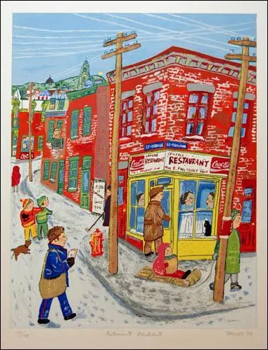 Miyuki Tanobe est une peintre japonaise qui s'est installée au Québec. Sa peinture représente la vie des gens de Montréal dans les quartiers populaires. Ici Le restaurant Philibert (en hiver) tiré de toute une série qui tourne autour d'un roman très célèbre au Québec. Quel est ce roman qui a inspiré La peintre ?