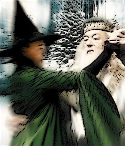 - Tiens, regarde avec qui il danse, le Dumbledore... 

- Au moins on peut dire qu'il respecte à fond ce que nous avait dit la vieille McGonagall, tu te souviens ?

- Ouais :
