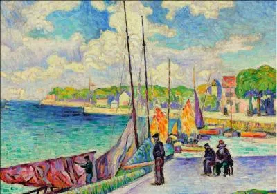 Qui a peint "Petit port, pêcheurs et bateaux au quai" ?
