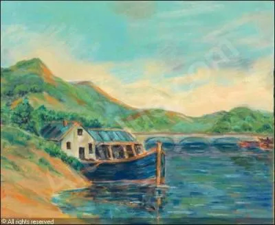 Qui a peint "Au bord de la rivière, bateau et pont" ?
