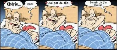 L'homme, le matin, il tousse, il crache. Le midi, il pète, il rote. La nuit, il ronfle, il bave et le reste du temps, il se gratte les couilles !