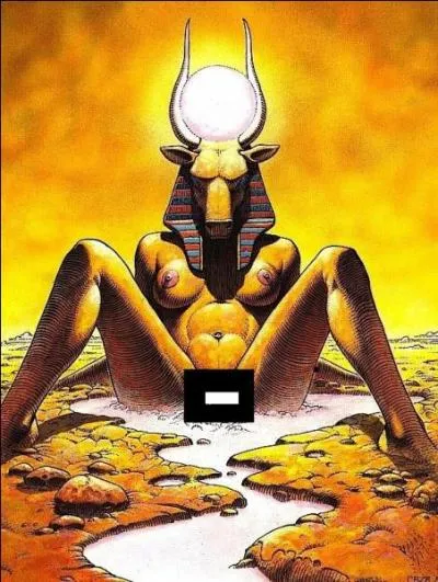 Quelle est la déesse sur ce dessin de Philippe Caza, représentant la naissance des sources du Nil ?