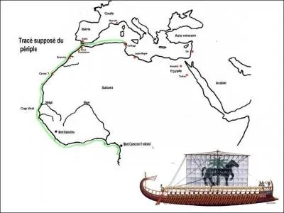 Environ 500 ans avant J.C. … fut chargé par le sénat de Carthage de fonder des colonies sur la côte ouest de l’Afrique. 
Il franchit les Colonnes d’Hercule avec 60 navires et longea la côte jusqu’au golfe de Guinée.