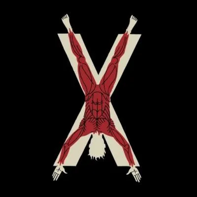 Homme rouge écorché sur croix en X sur un fond noir, il s'agit de la maison :