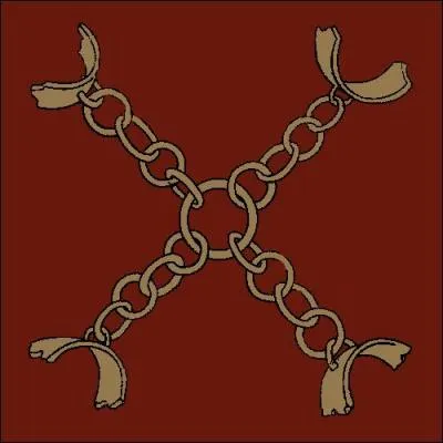 Quatre chaînes d'or liées par un anneau central sur fond rouge foncé, il s'agit de la maison :