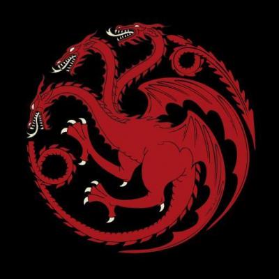 Dragon rouge tricéphale sur fond noir, il s'agit de la maison :