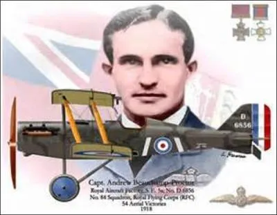 Je vois le jour en septembre 1894 à Mossel Bay (Afrique du Sud). Plus grand pilote de mon pays, je totalise à mon actif 54 victoires, qui me vaut de recevoir la "Victoria Cross" (plus grande distinction militaire anglaise). Je décède le 21 juin 1921 lors d'un entraînement en vue d'un meeting aérien. Je m'appelle :