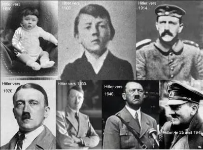 Allons en Allemagne ! Qui est ce personnage chef de l'Allemagne entre 1933 et 1945 ? Adolf Hitler, bien sûr ! La photo le montre à différents moments de son existence ! Mais, indiquez la (les) réelle(s) nationalité(s) de ce sale type !