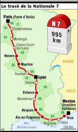 Quelle ville ne se trouve pas sur le parcours de l'ancienne nationale 7, entre Paris et Lyon ?