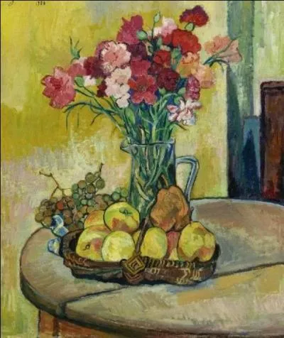 Qui a peint "Nature morte au panier de pommes, vase de fleurs et raisins" ?